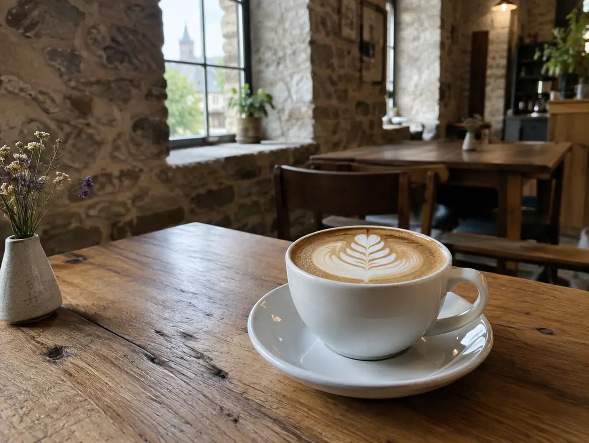 Cappuccino s rosetou v bílém hrnečku