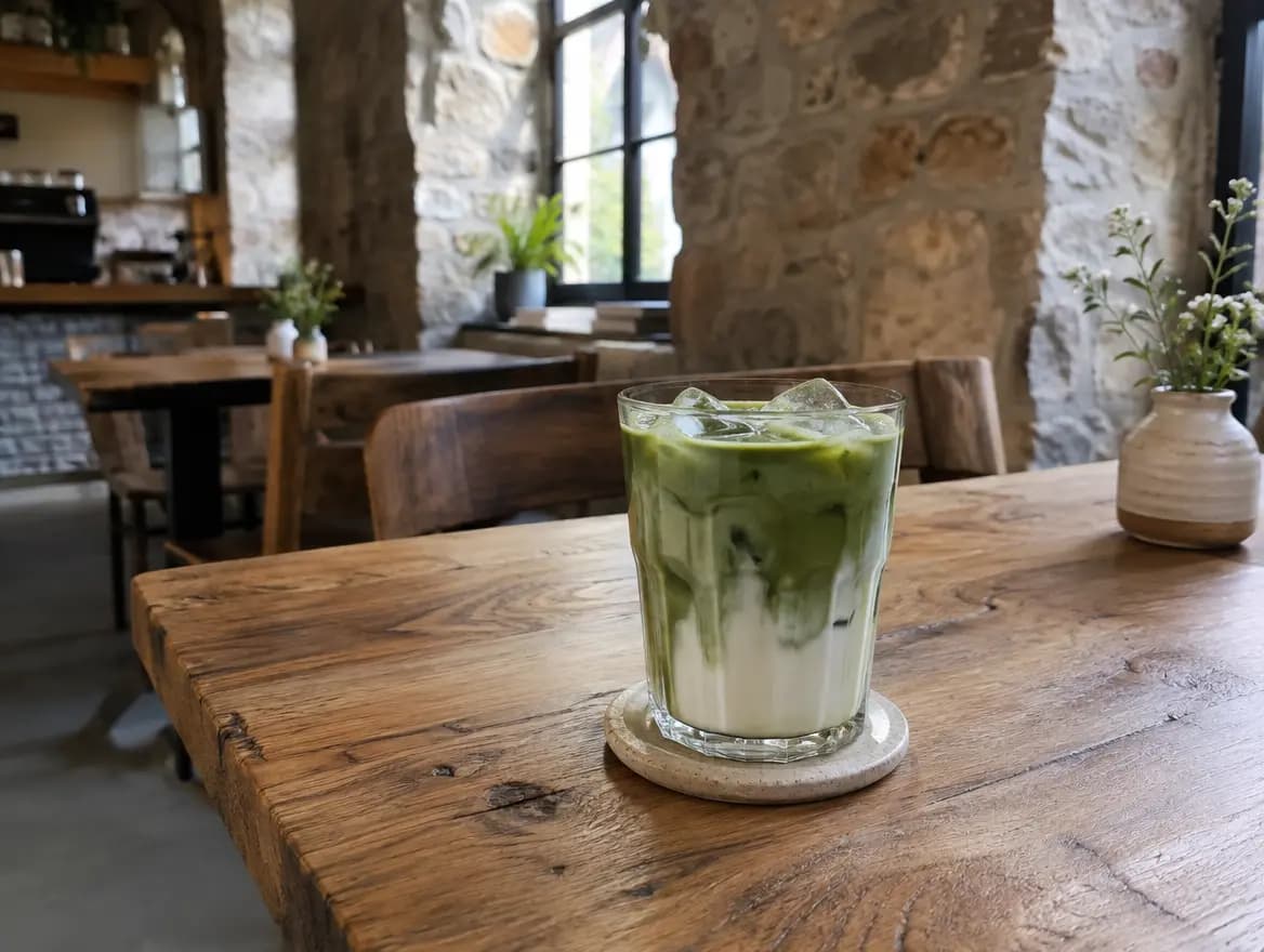 Matcha latte v sklenici
