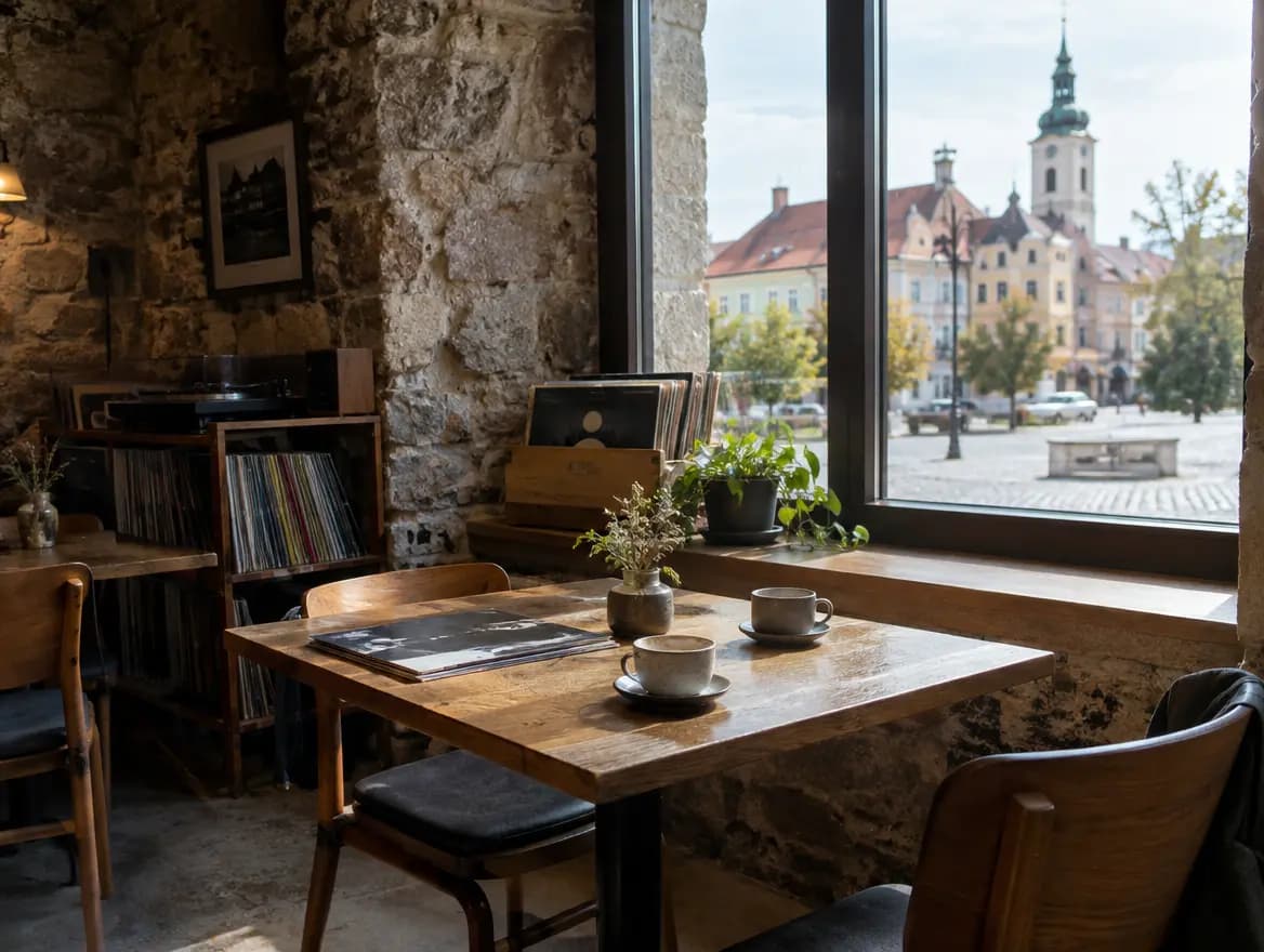 Pohled na sezení u okna s vinylovými deskami